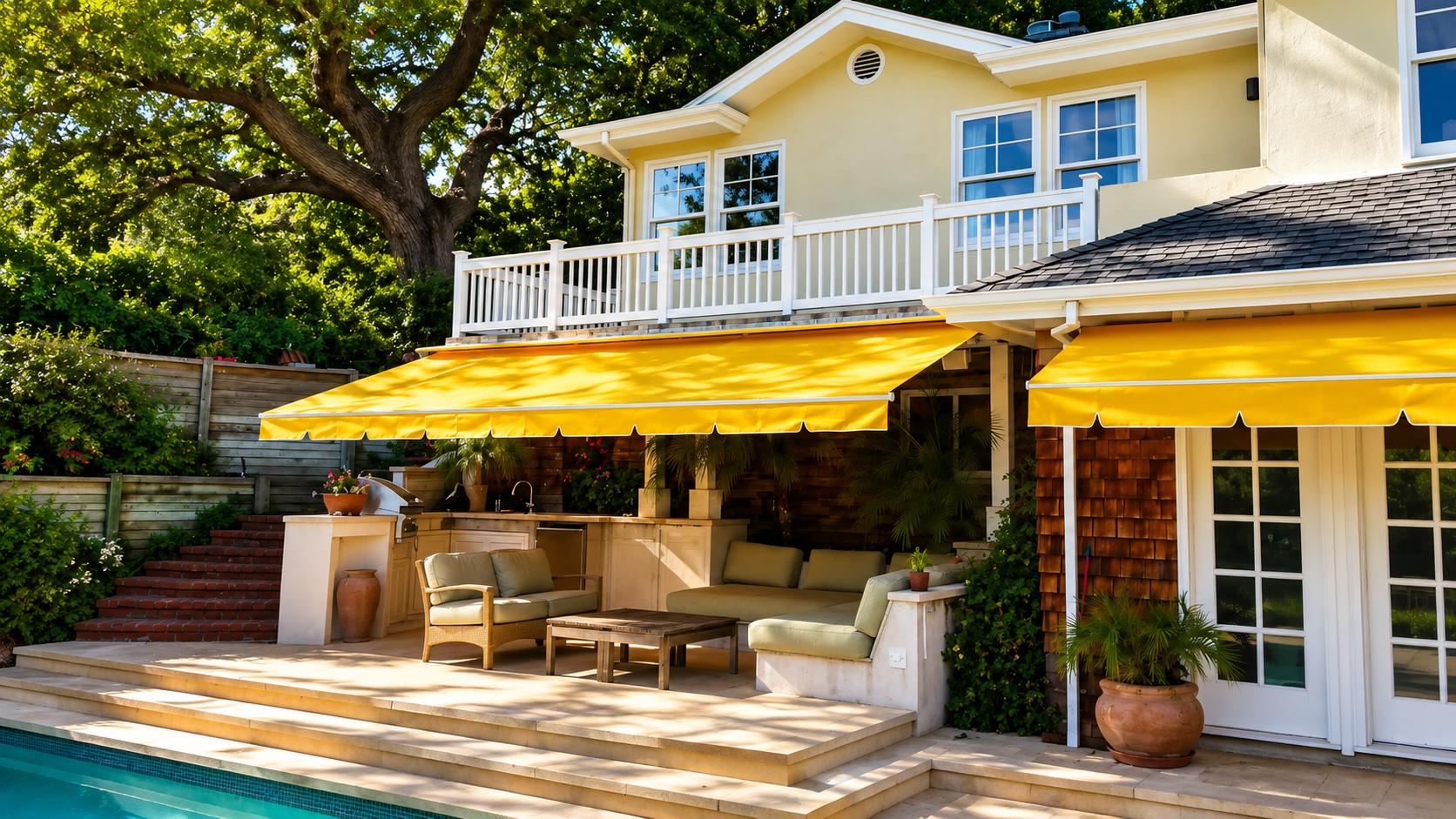 retractable awnings extending over patio for outdoor shading