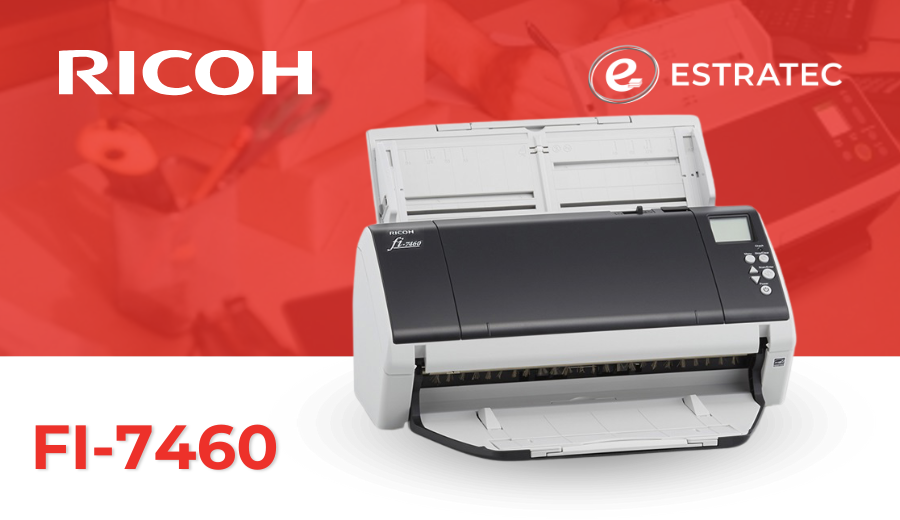 Una impresora Ricoh está sobre un fondo rojo.