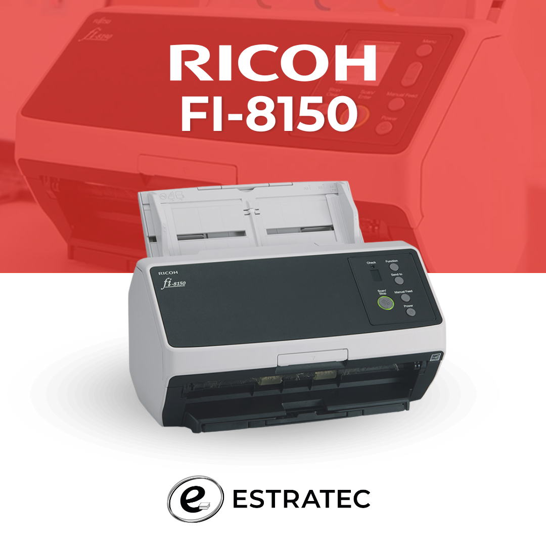 Una imagen de una impresora Ricoh fi-5150 sobre un fondo rojo y blanco.