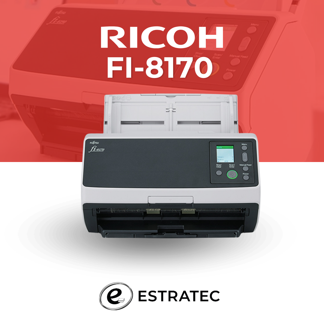 Una imagen de un escáner Ricoh fi-8170 sobre un fondo rojo