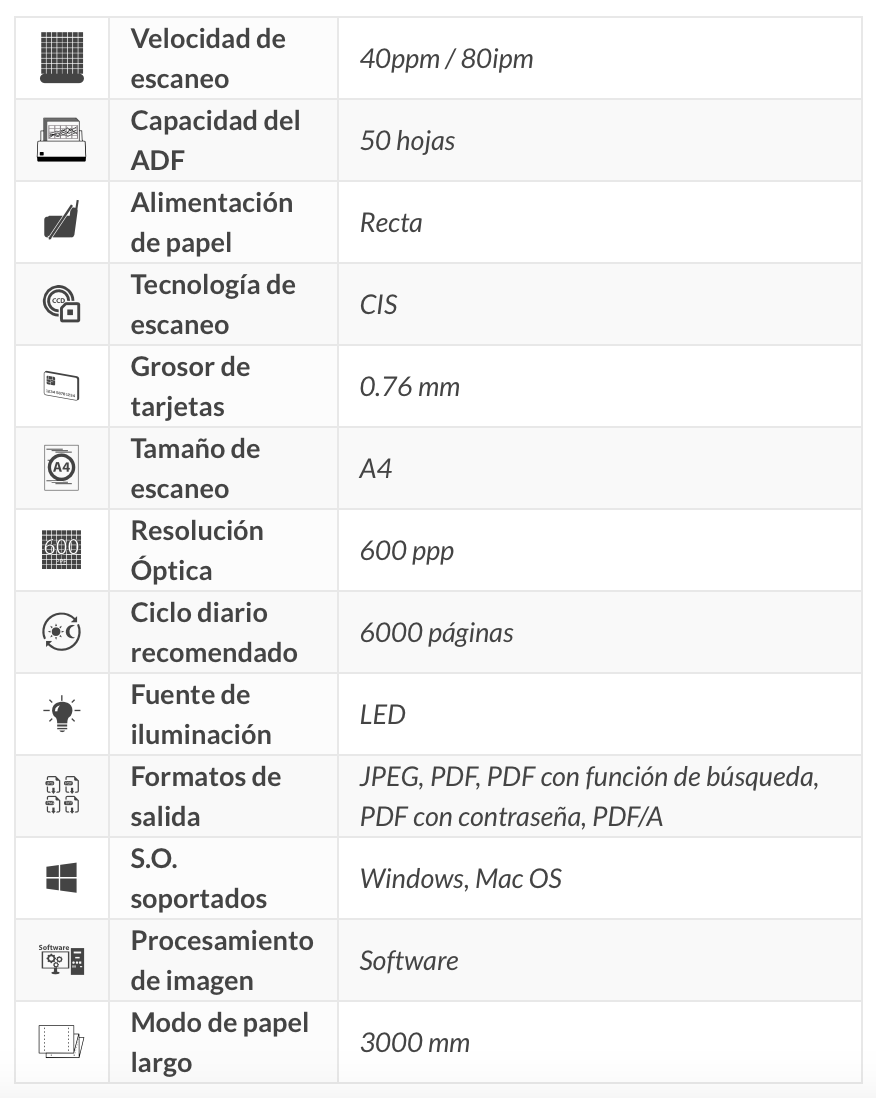 Una captura de pantalla de un sitio web que muestra las especificaciones de una impresora.