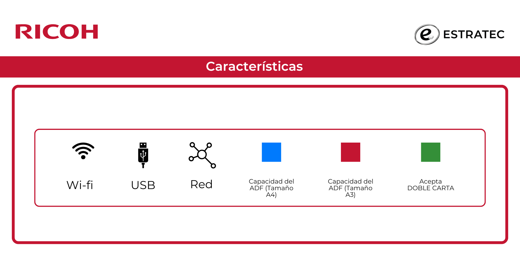 Una captura de pantalla de un sitio web de Ricoh con una lista de funciones.