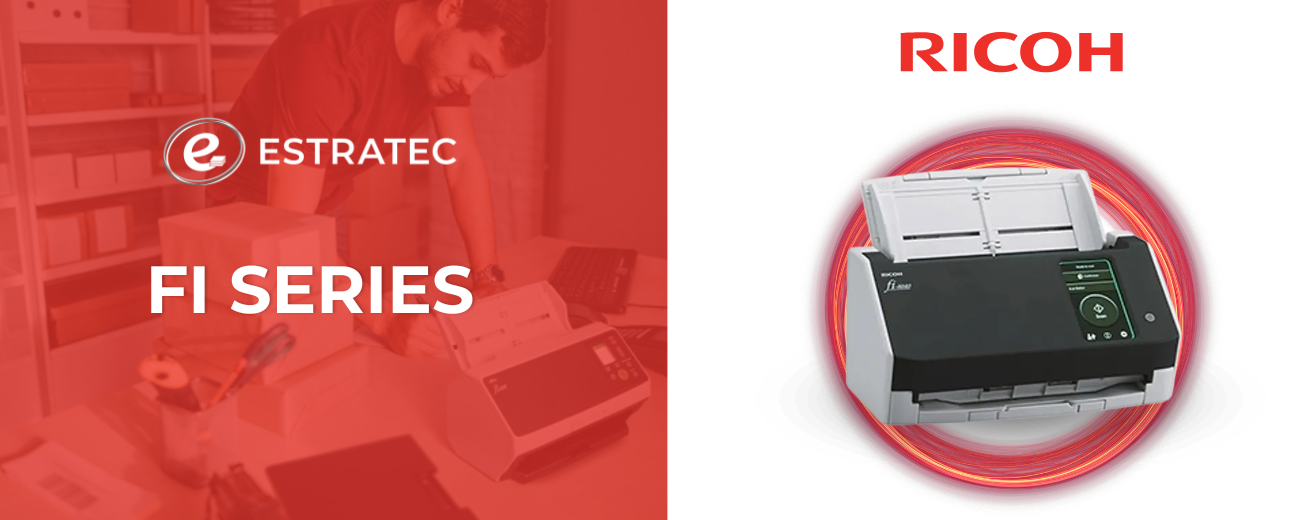 Una imagen de una impresora Ricoh junto a una imagen de una persona usando una computadora portátil.