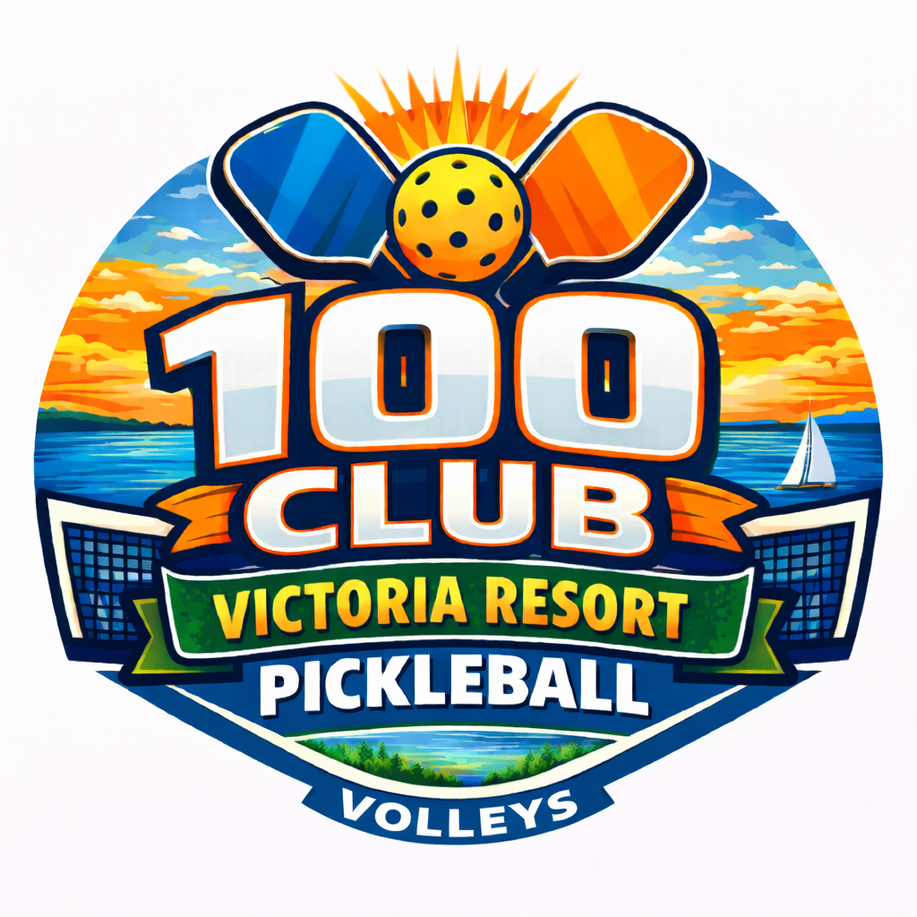 Victoria Resort Pickleball 100 Club logo with blue and orange paddle over sunset sky