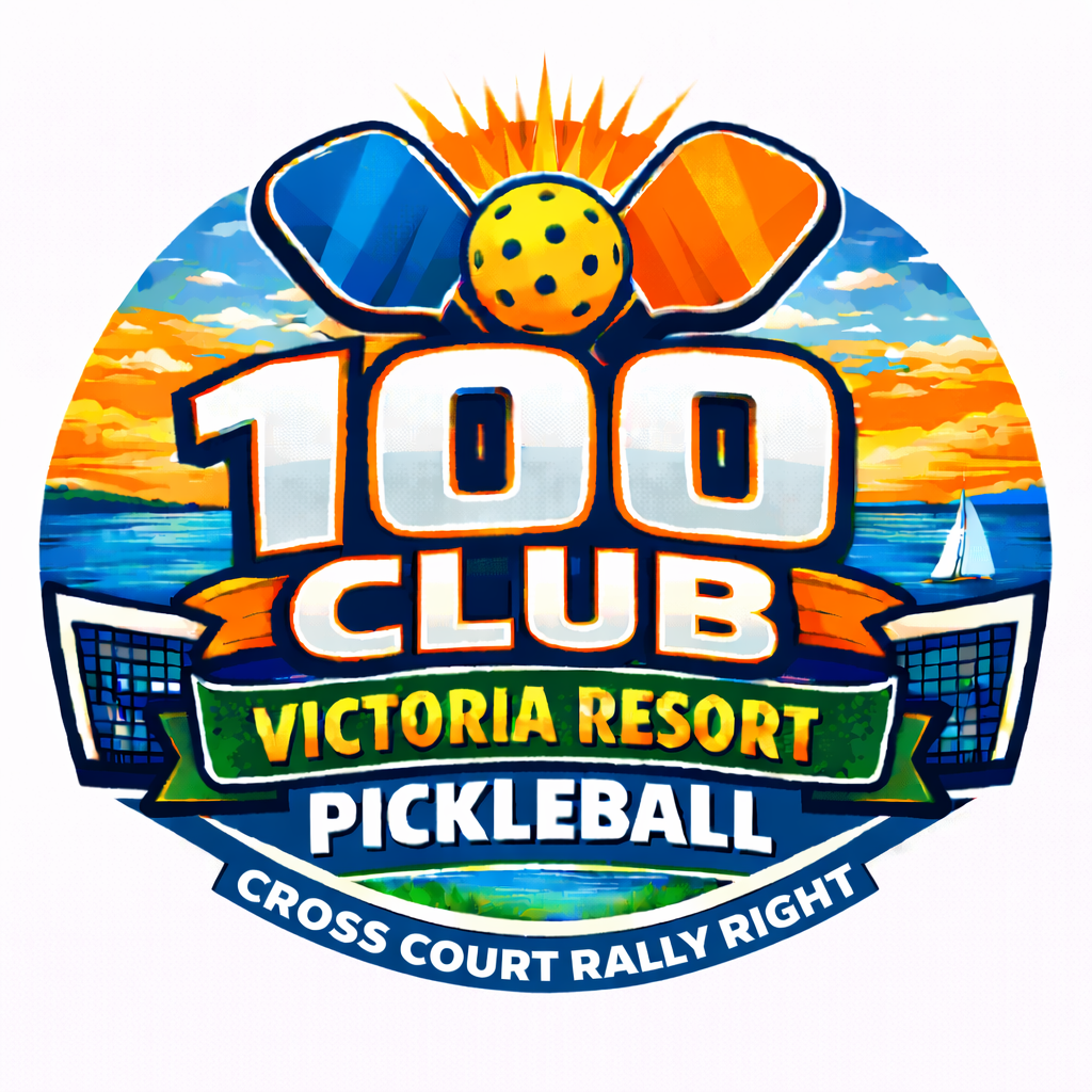 100 Club Victoria Resort Pickleball logo with sun, paddles, and “Cross Court Rally Right” banner