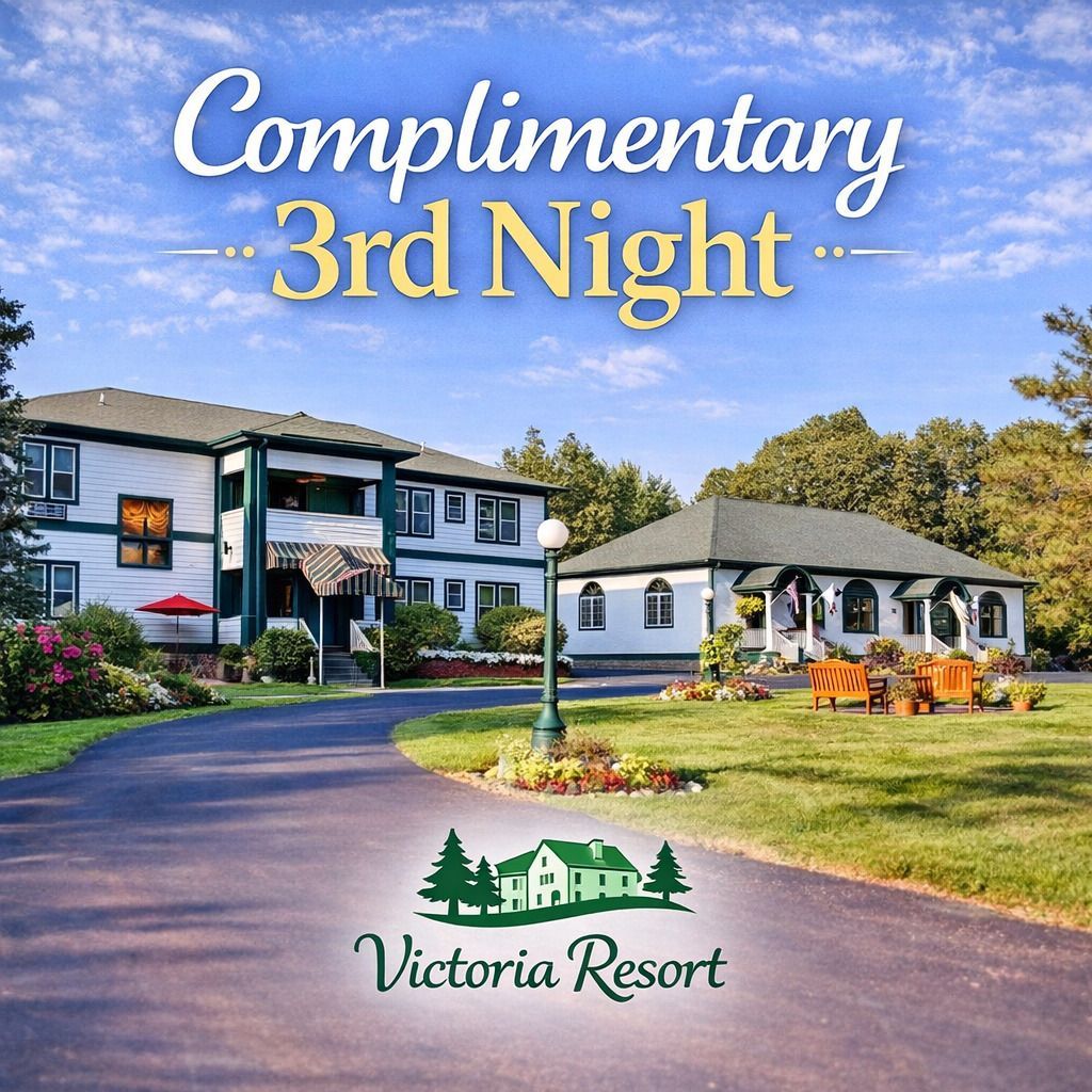 Complimentary 3rd Night promo at Victoria Resort with lodging buildings and landscaped driveway