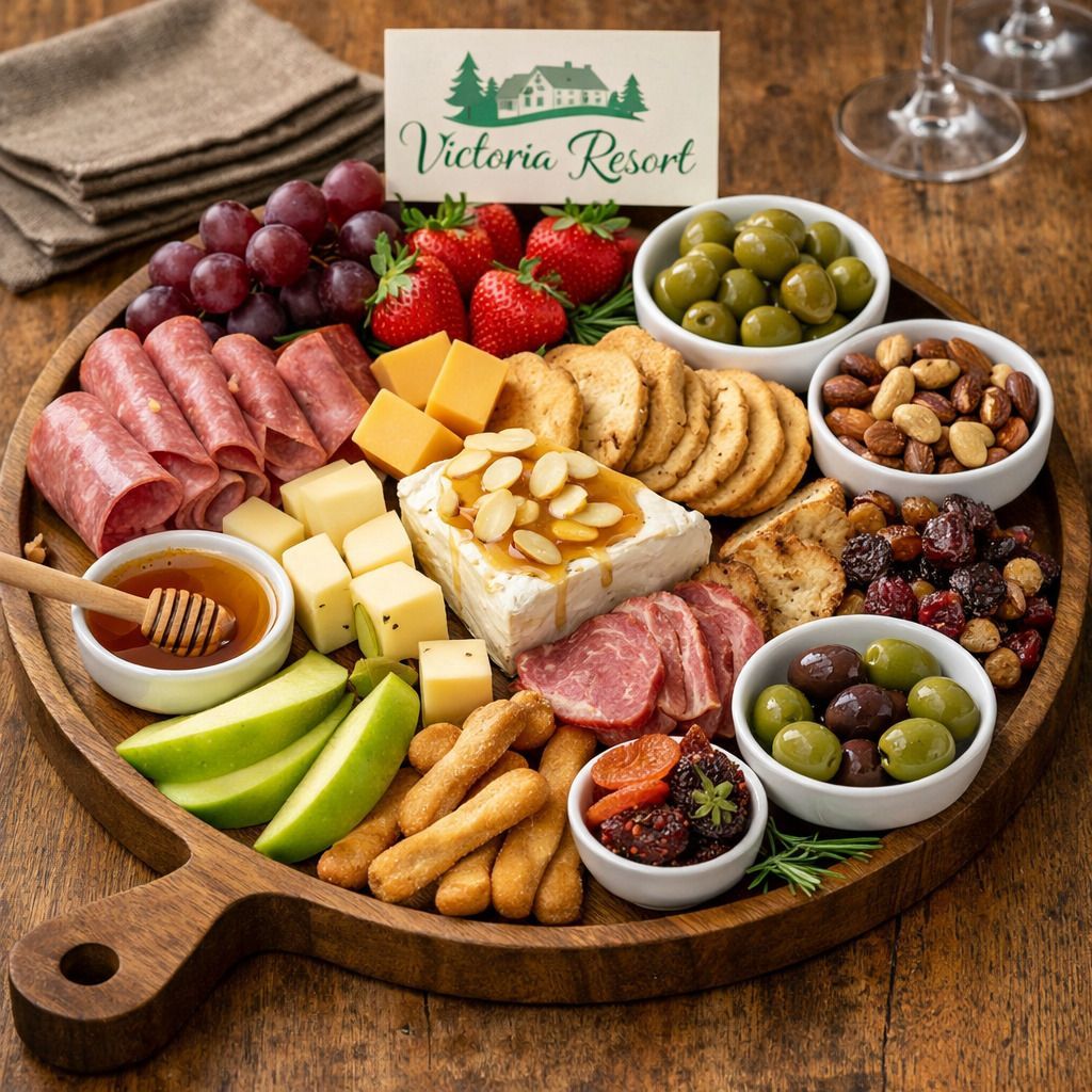 Charcuterie board with cheeses, meats, crackers, fruit, nuts, olives, and honey on a wooden tray
