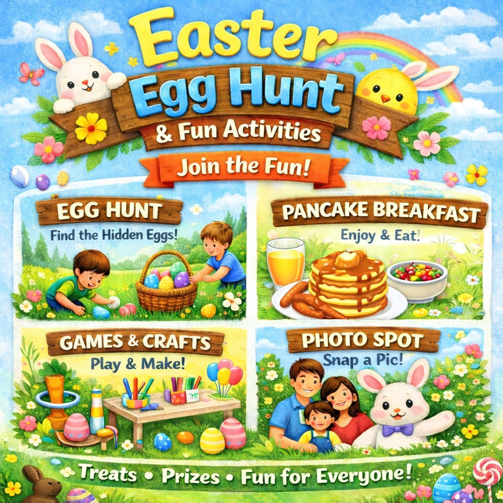 Easter Egg Hunt poster with bunny, chicks, kids, and activities: games, pancake breakfast, photo spot, treats