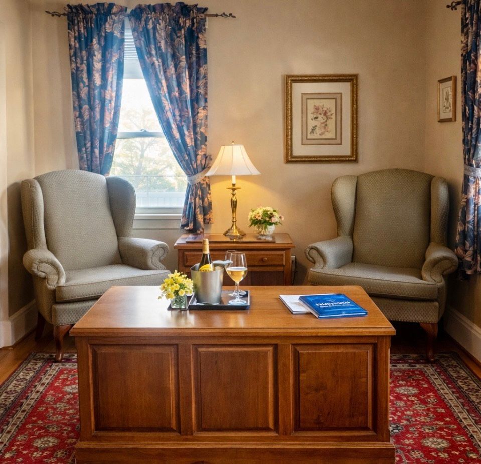 Cozy sitting room with two armchairs, wooden coffee table, lamp, and blue curtains by a window