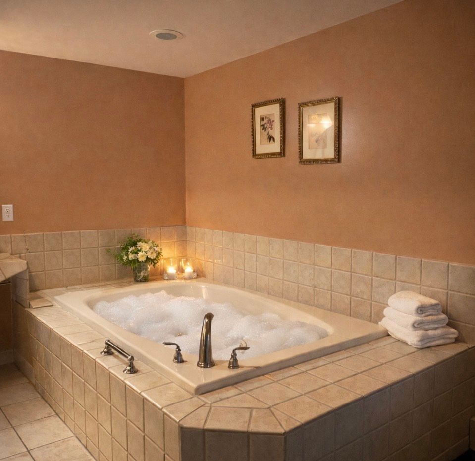 A tiled spa bathtub with bubbling water, candles, flowers, and folded towels in a warm bathroom.