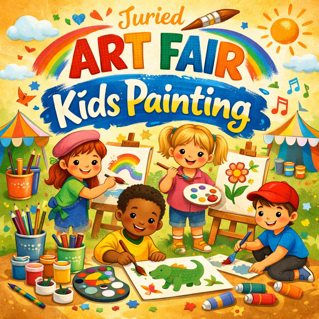 Colorful “Art Fair Kids Painting” poster with children painting at easels and art supplies all around