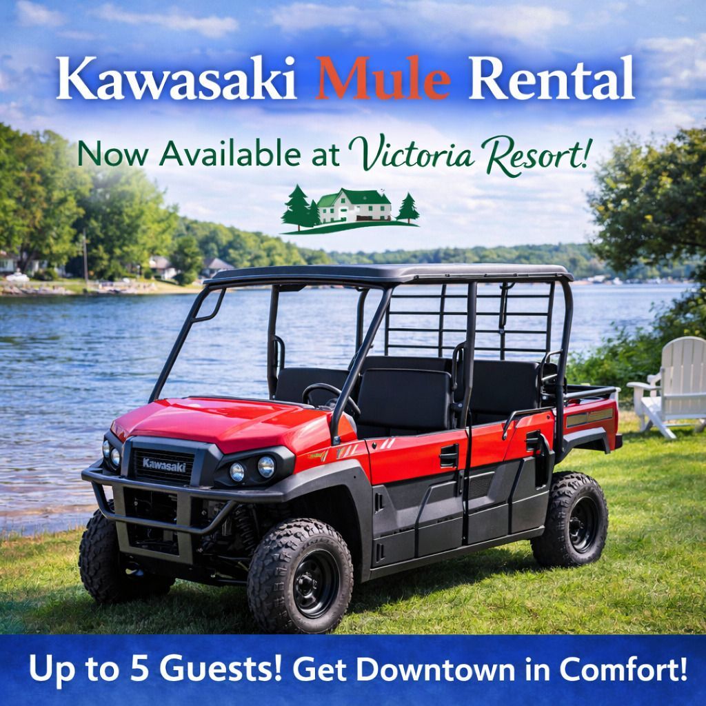 Red Kawasaki mule rental with text: “Now Available at Victoria Resort” and “Up to 5 Guests”