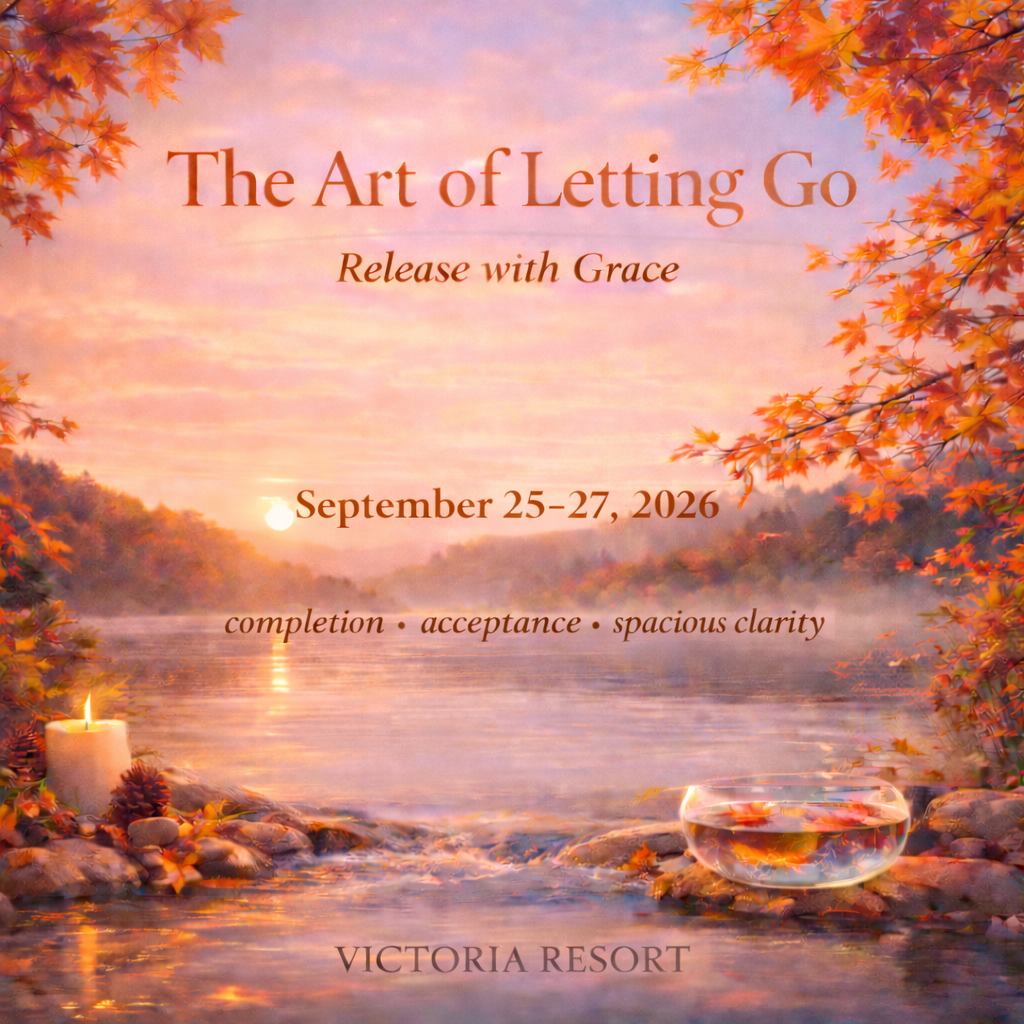 Pink-orange retreat poster with autumn leaves, lake sunset, candles, and text: “The Art of Letting Go.”