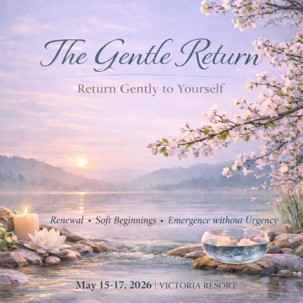 Pastel event poster with cherry blossoms, sunrise, and the title “The Gentle Return” over a misty lake