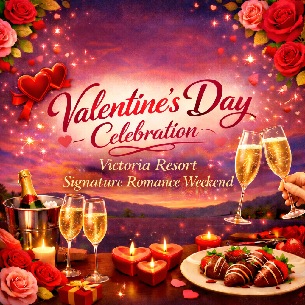Valentine’s Day celebration poster with roses, champagne, candles, chocolates, and romantic red decor