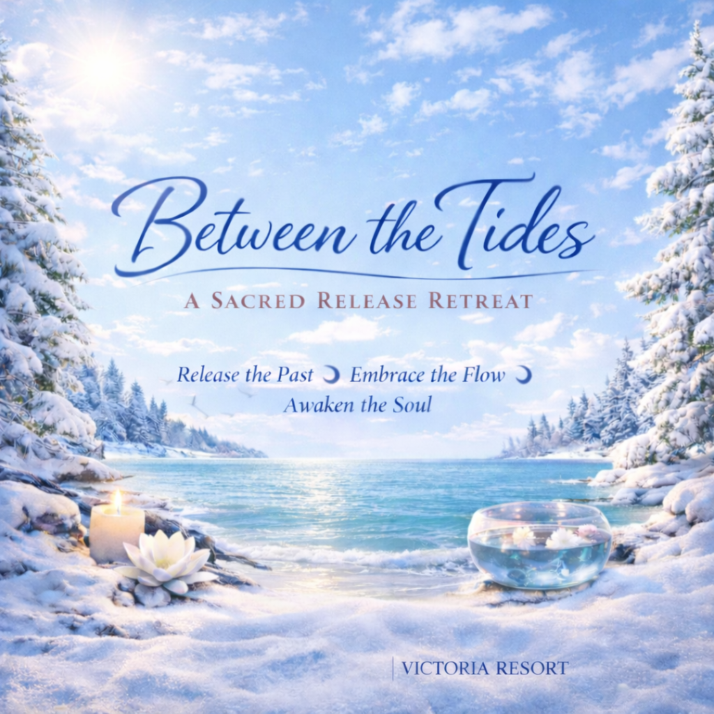Beach retreat poster with snowy palms, blue ocean, and text: “Between the Tides” and “A Sacred Release Retreat”