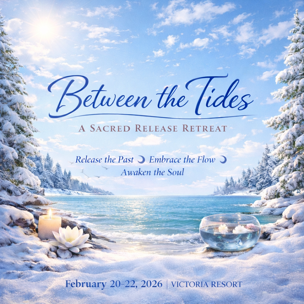 Seaside retreat poster with blue sky, ocean, white flowers, candles, and text “Between the Tides” and “A Sacred Release Retreat”