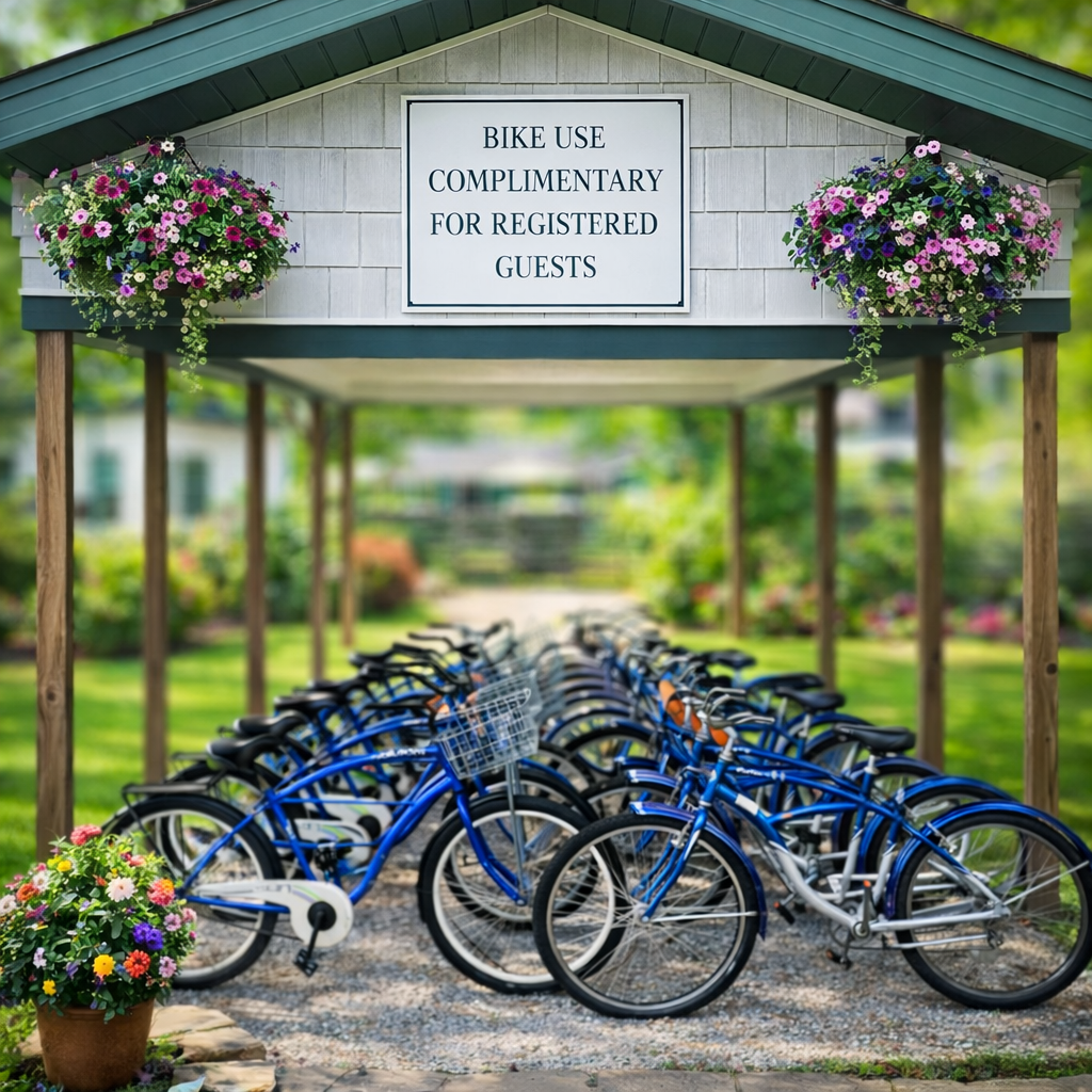 Bike rack under sign for bikes and low-maintenance cars, with rows of blue bicycles in front of flowers.
