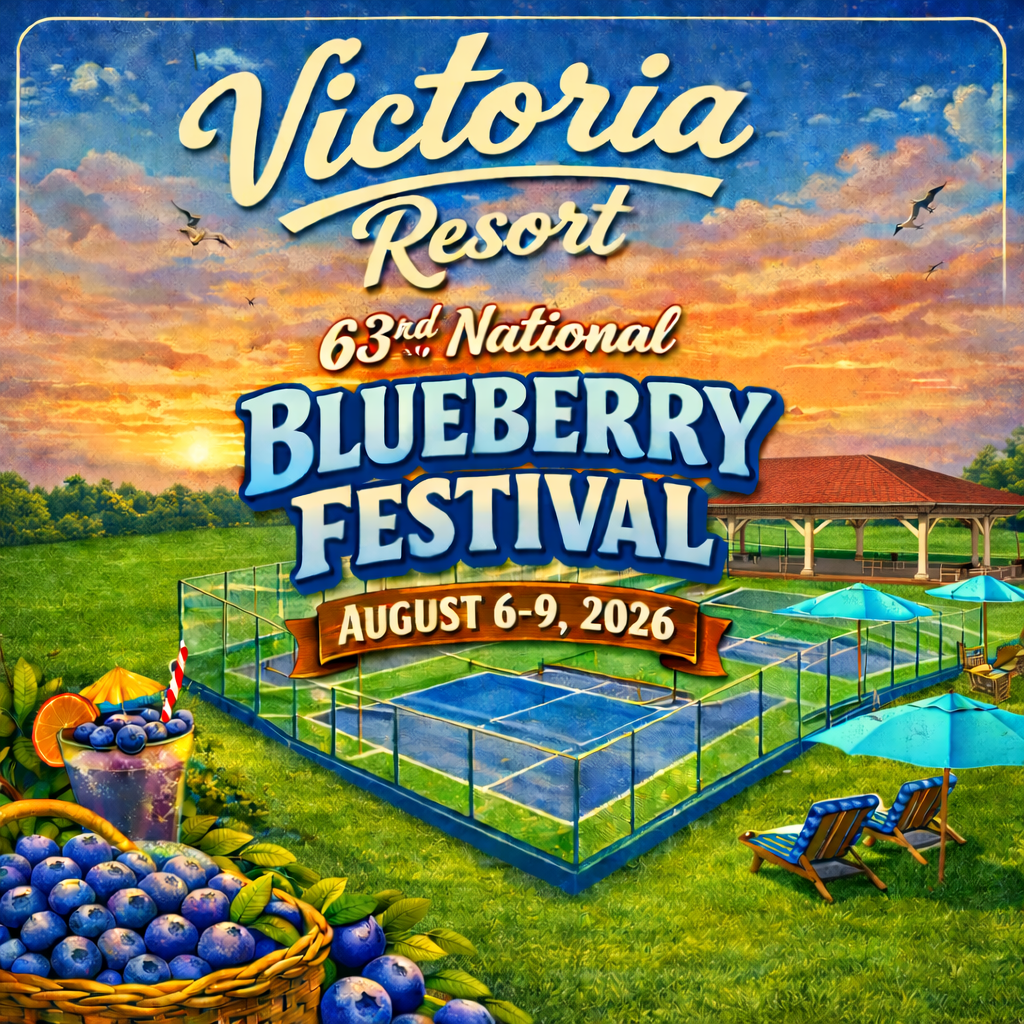 Victoria Resort 63rd National Blueberry Festival poster with berry field, tents, and August 6-9, 2026 date