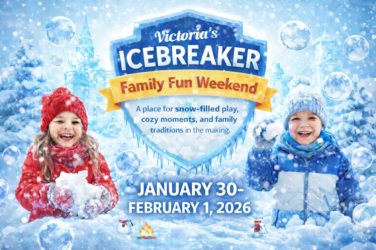 Victoria’s Icebreaker Family Fun Weekend poster with children in red and blue winter clothes, January 30–February 1, 2026