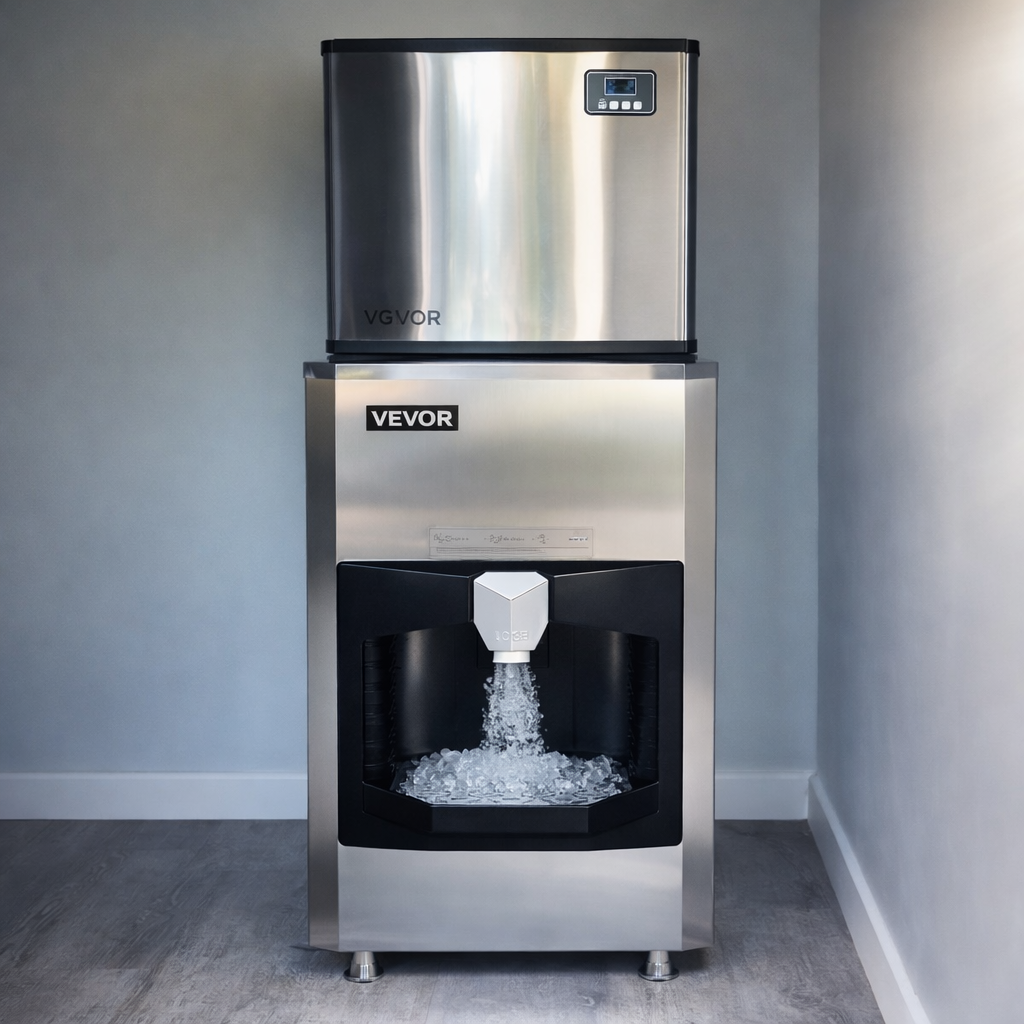 Stainless steel commercial ice machine and dispenser against a plain wall, with ice piled in the bin.