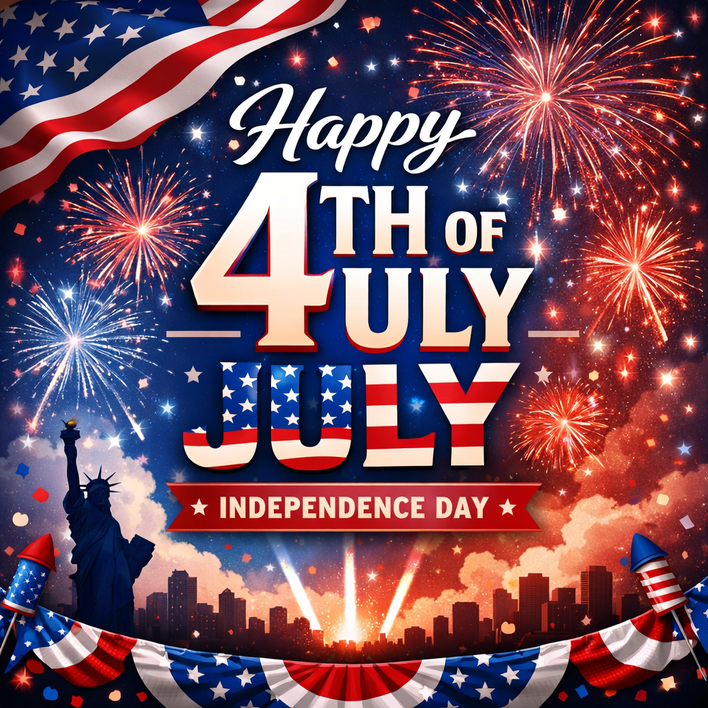 Happy 4th of July poster with fireworks, Statue of Liberty, and U.S. flag in red, white, and blue