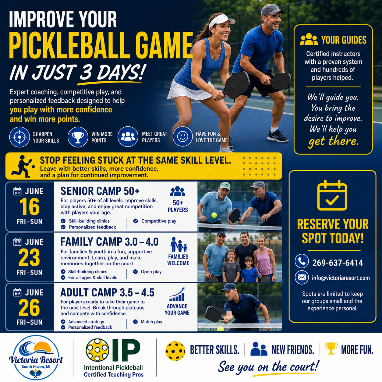 Blue pickleball camp flyer with two players, dates, skill levels, and contact info to reserve a spot