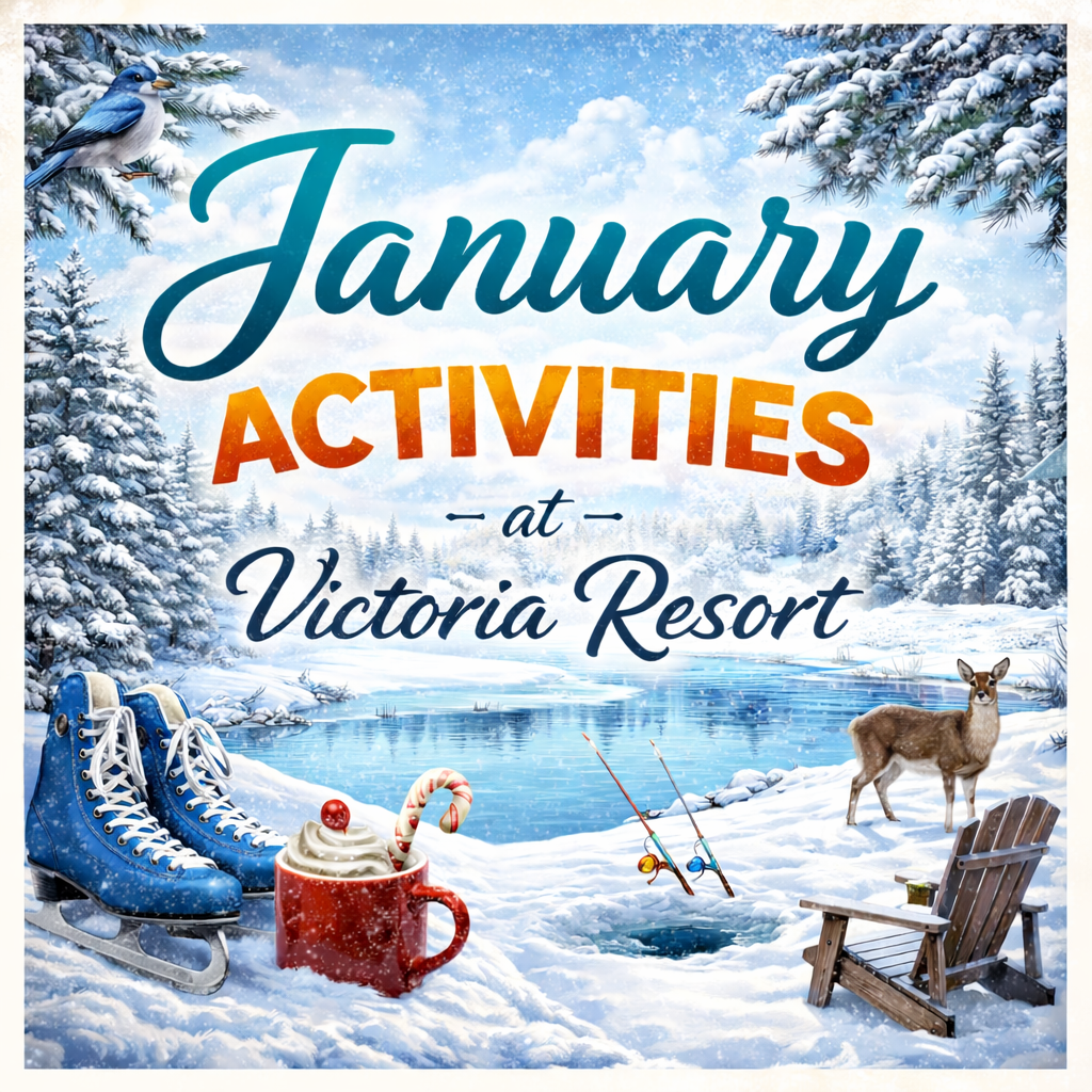 January activities at Victoria Resort in a snowy winter scene with ski boots, hot cocoa, and a deer by the lake