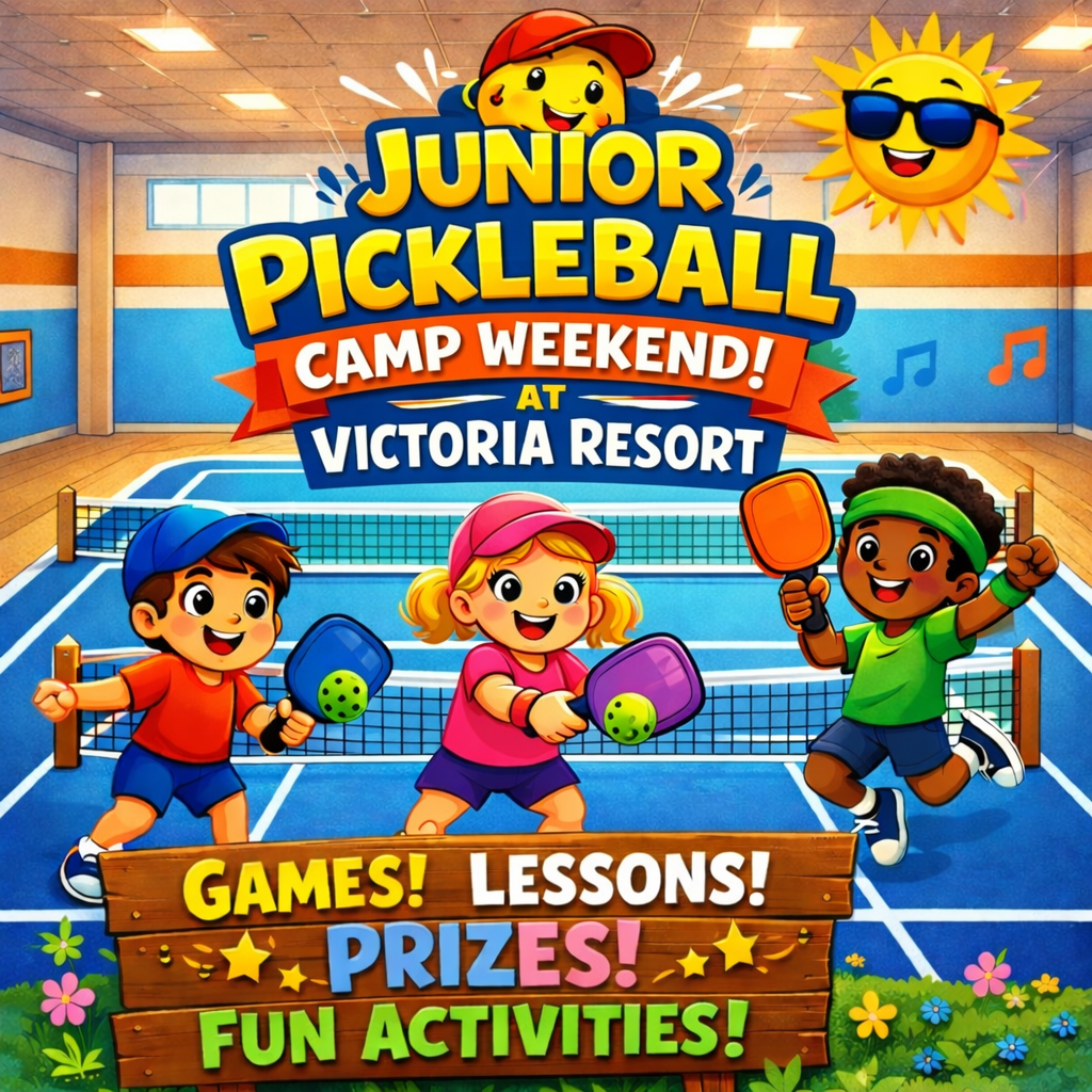 Junior Pickleball Camp Week at Victoria Resort with kids playing pickleball and “Games, Lessons, Prizes, Fun Activities” sign