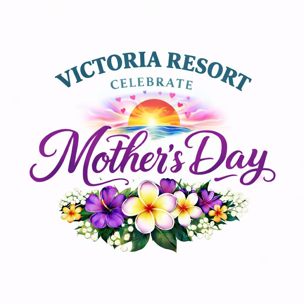 Victoria Resort Mother’s Day celebration logo with colorful sunset and flowers