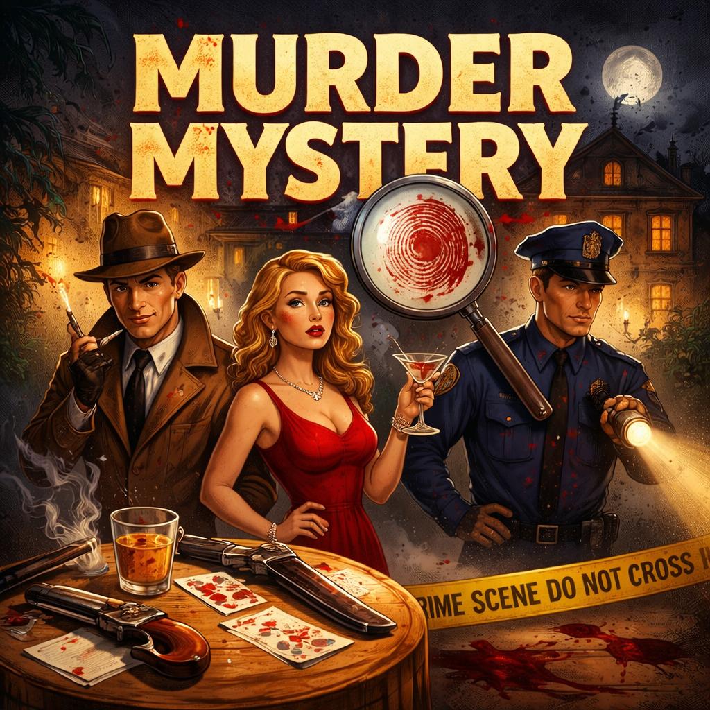 Murder mystery game cover with detective, woman, officer, bloodstained table, and crime scene tape under a moonlit house