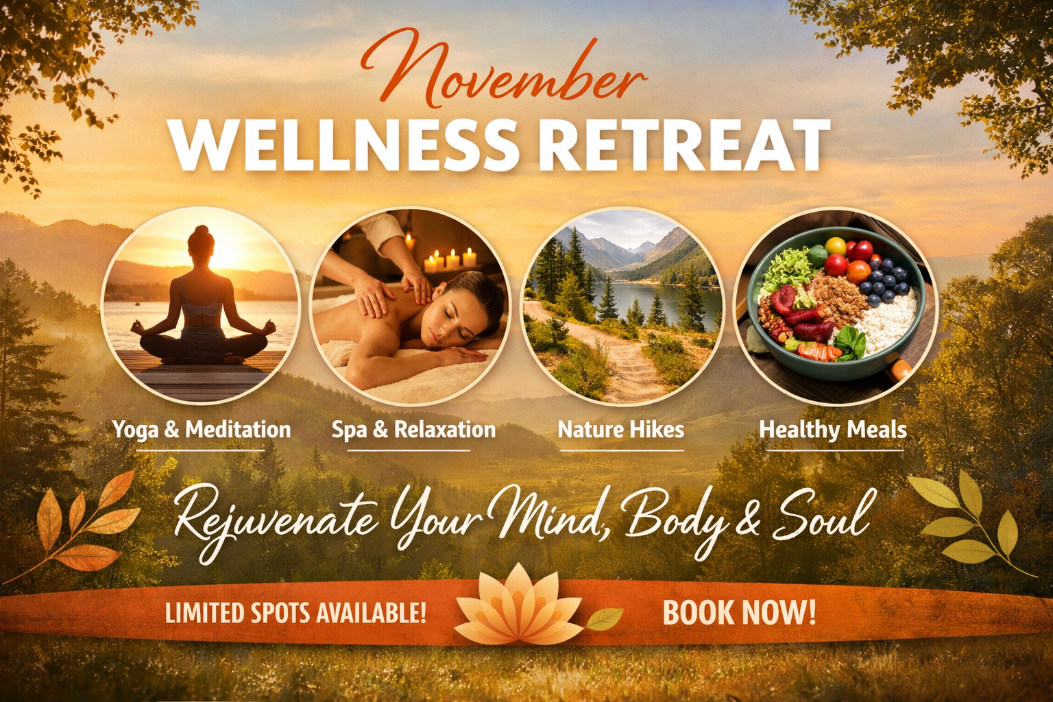 November wellness retreat poster with yoga, spa, nature hikes, healthy meals, and “Book now” call to action