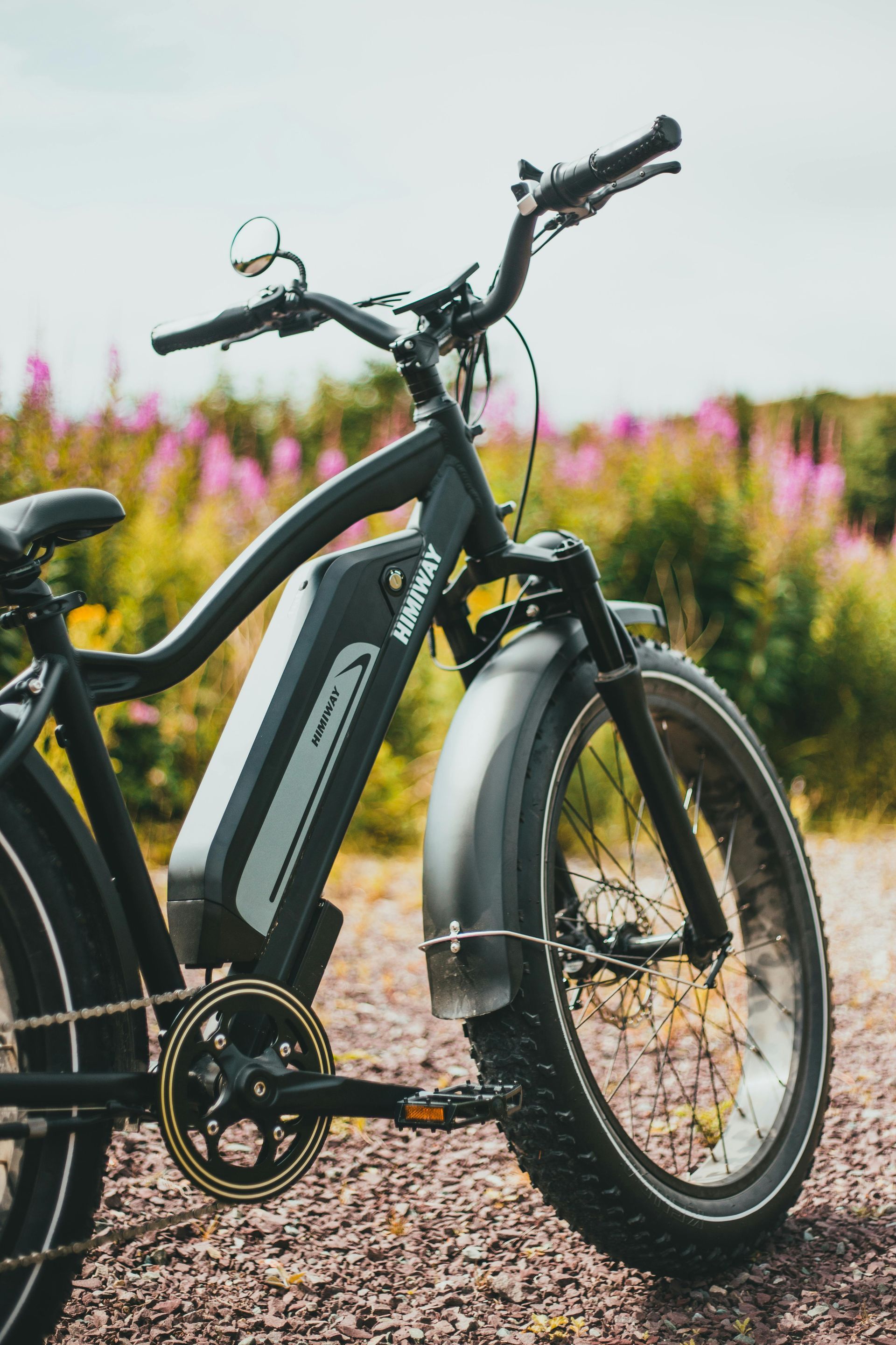 Black electric bicycle on a gravel path with colorful flowers in the background
