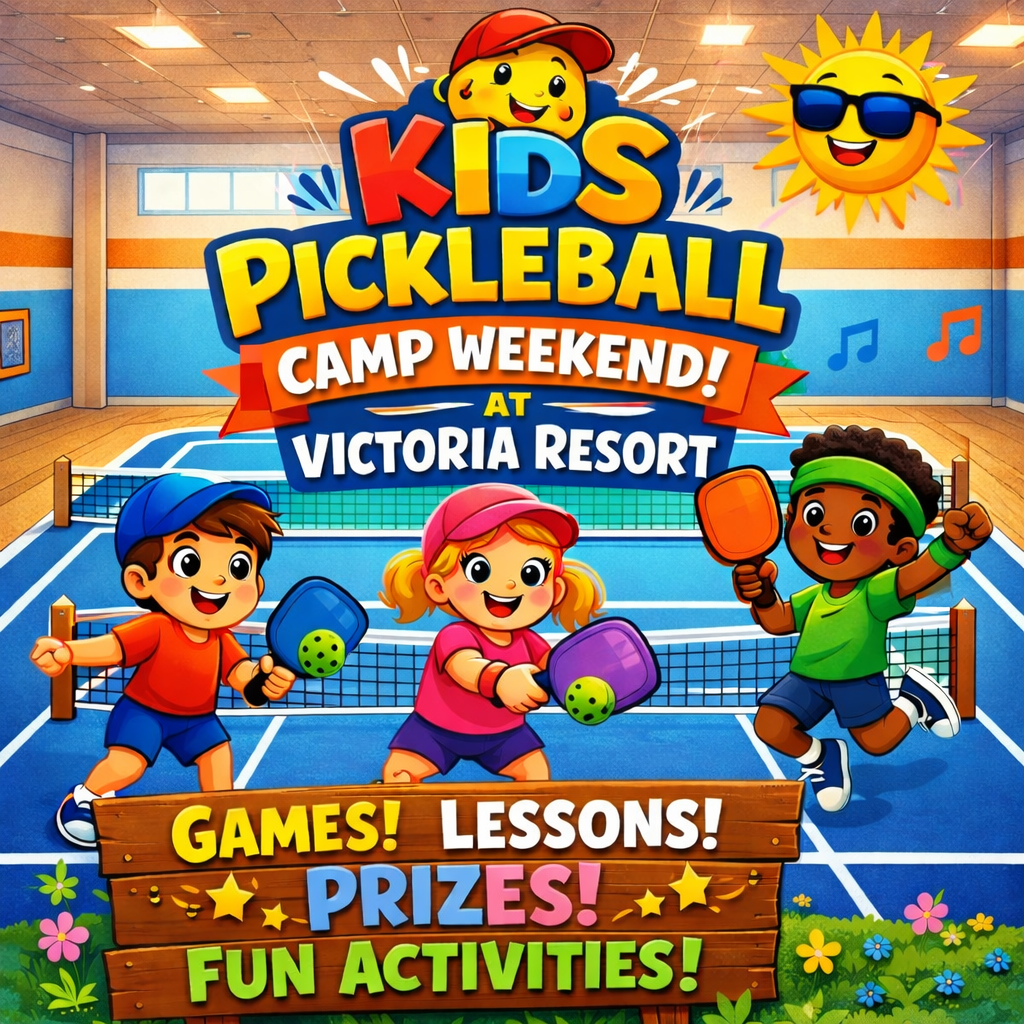 Kids Pickleball Camp Weekend at Victoria Resort poster with smiling kids, courts, and signs for games, lessons, prizes.