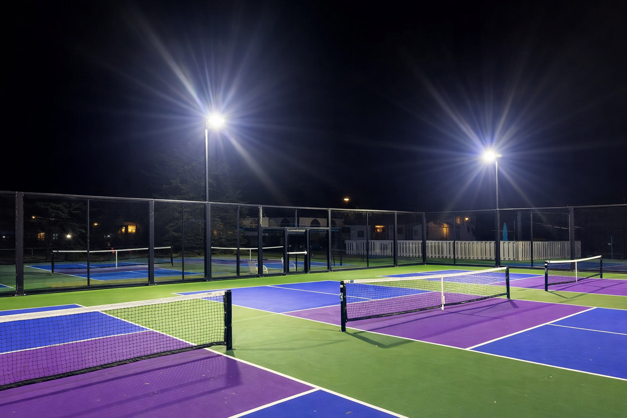 Nighttime pickleball courts with blue and purple surfaces under bright floodlights