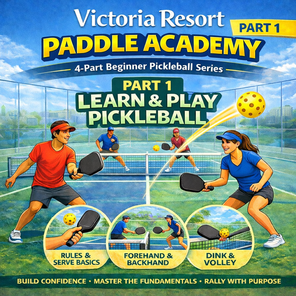 Poster for Victoria Resort Paddle Academy, Part 1: Learn & Play Pickleball, showing players in action on a court.