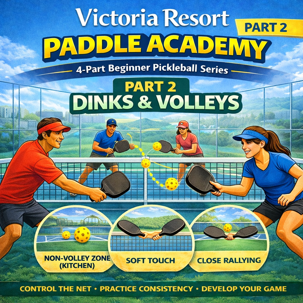 Victoria Resort Paddle Academy poster showing four players volleying in a pickleball drill at the net.