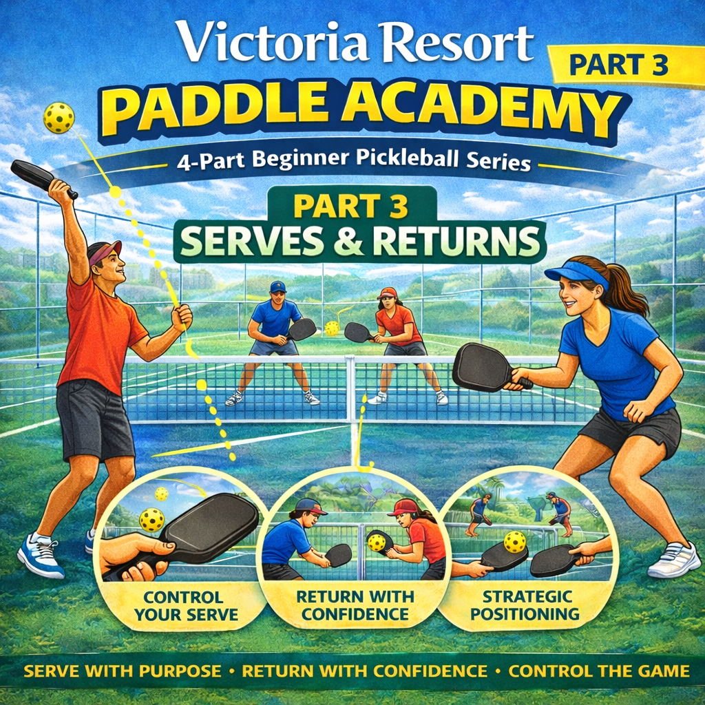 Victoria Resort Paddle Academy Part 3 poster showing two players serving and returning on a pickleball court