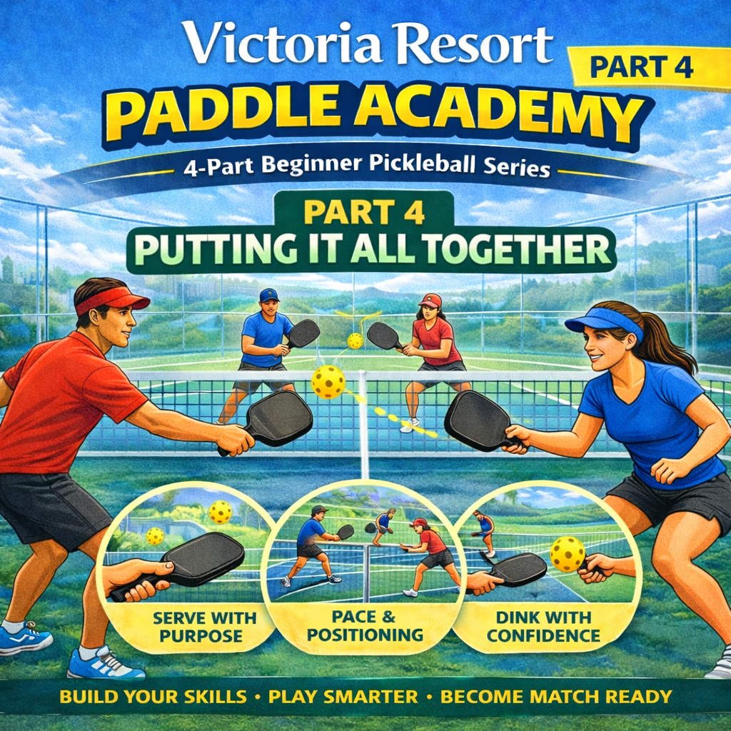 Pickleball beginners tutorial poster: four players rallying under “Paddle Academy” title and skill tips