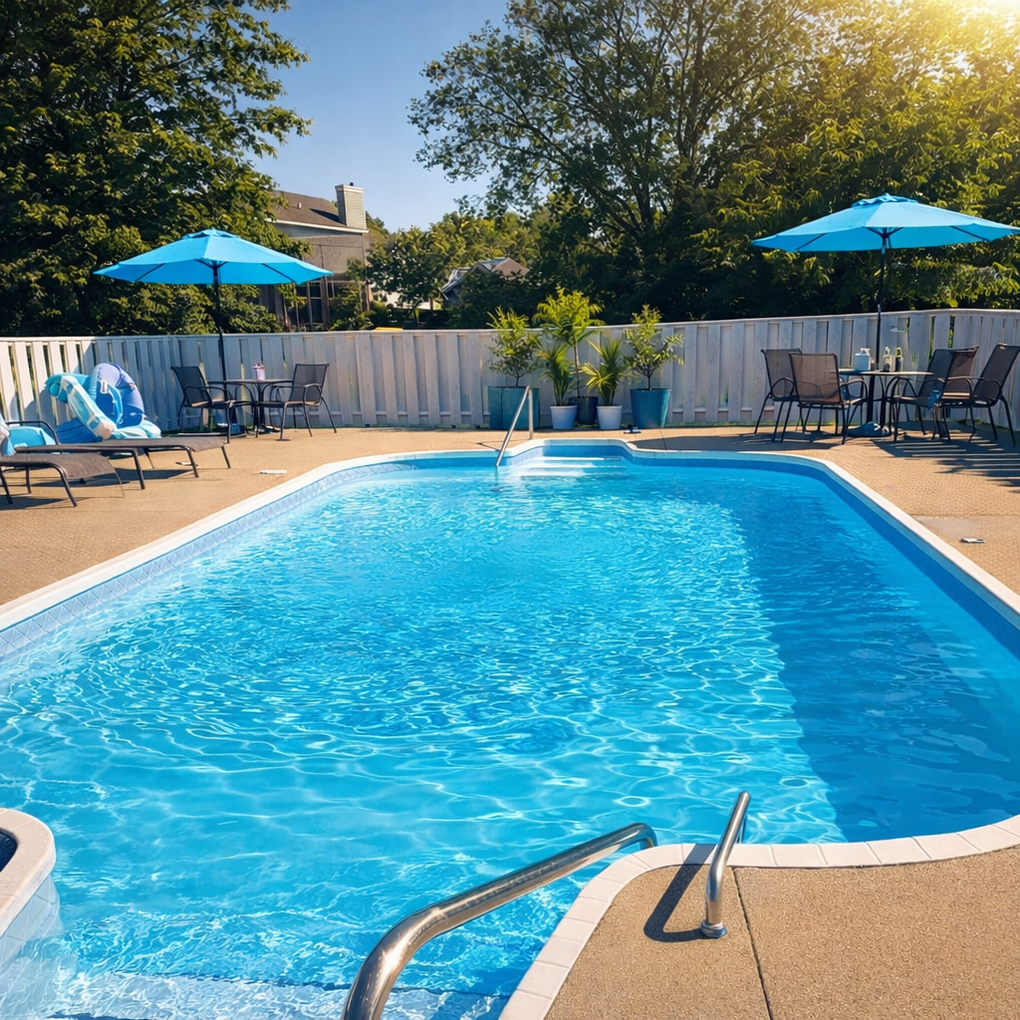 Sunny outdoor swimming pool with blue umbrellas and lounge chairs on a patio