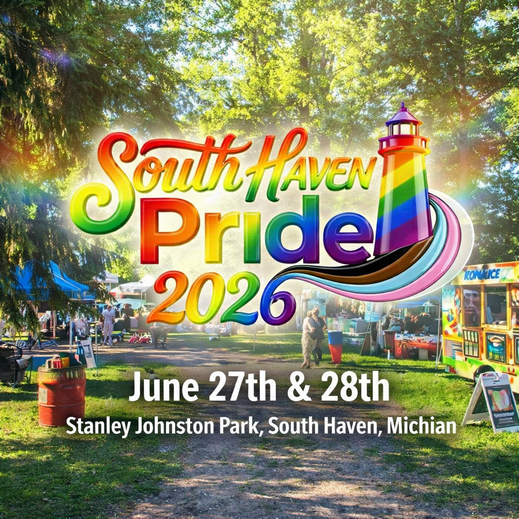South Haven Pride 2026 poster with rainbow lettering, June 27-28, Stanley Johnston Park, South Haven, Michigan