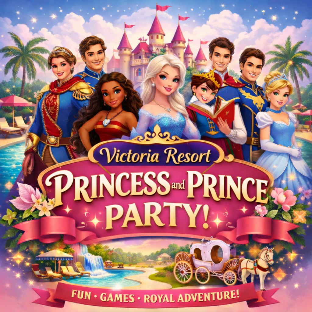 Disney-style princess and prince party poster with castle, colorful characters, and festive “Royal Adventure” text