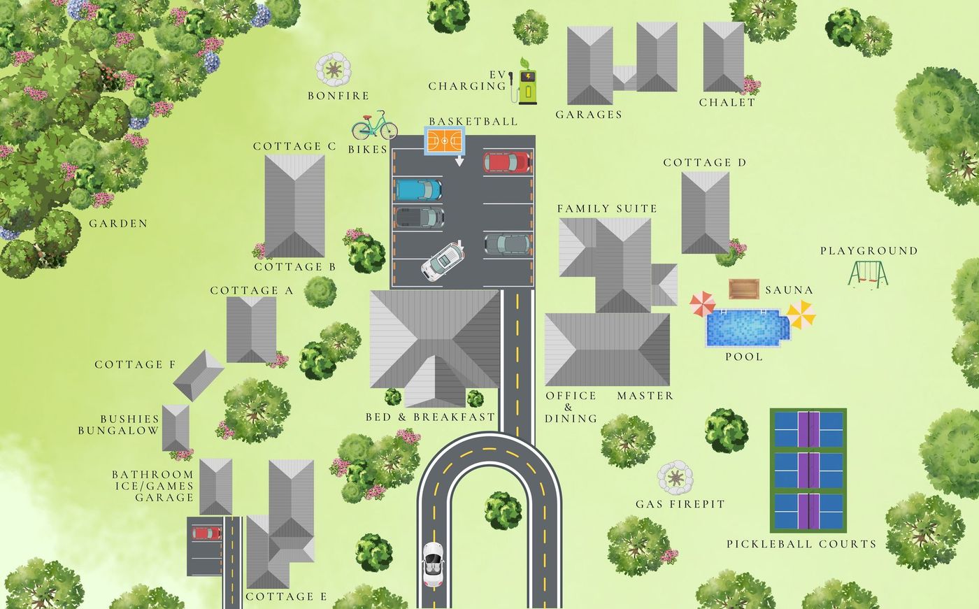 Aerial view of a school campus map with buildings, roads, trees, and parking lots.