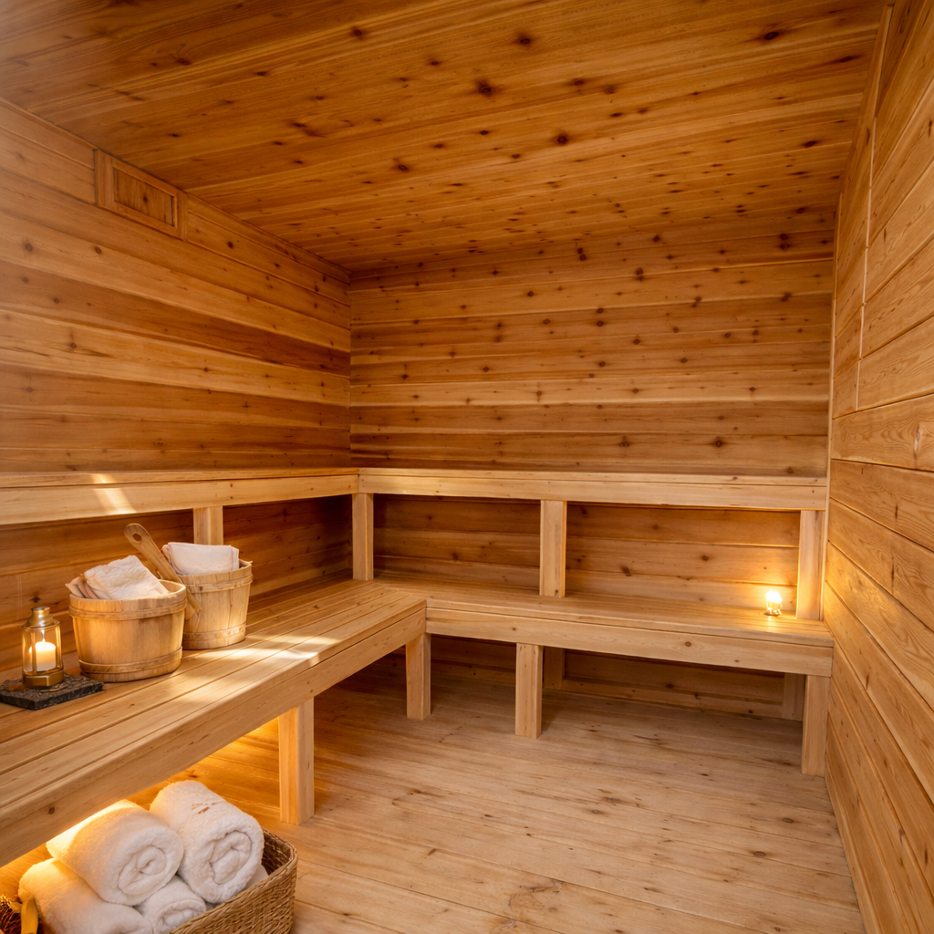 Wooden sauna interior with benches, towels, lanterns, and warm ambient lighting