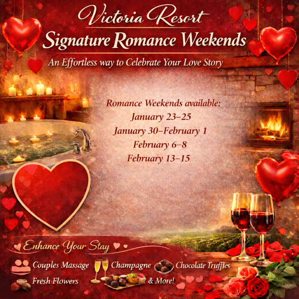 Victoria’s Secret Signature Romance Weekends promo with roses, candles, champagne, and date list in red tones