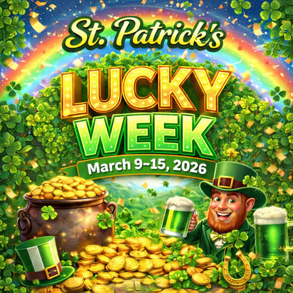 St. Patrick’s Lucky Week poster with gold, rainbow, shamrocks, leprechaun, and March 9–15, 2026 text