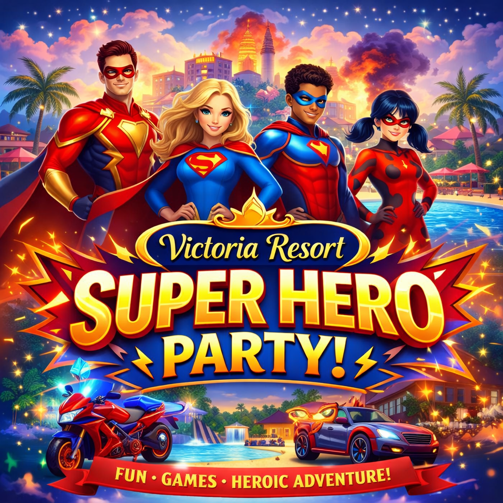 Victoria Resort superhero party poster with four costumed heroes in a colorful tropical city scene