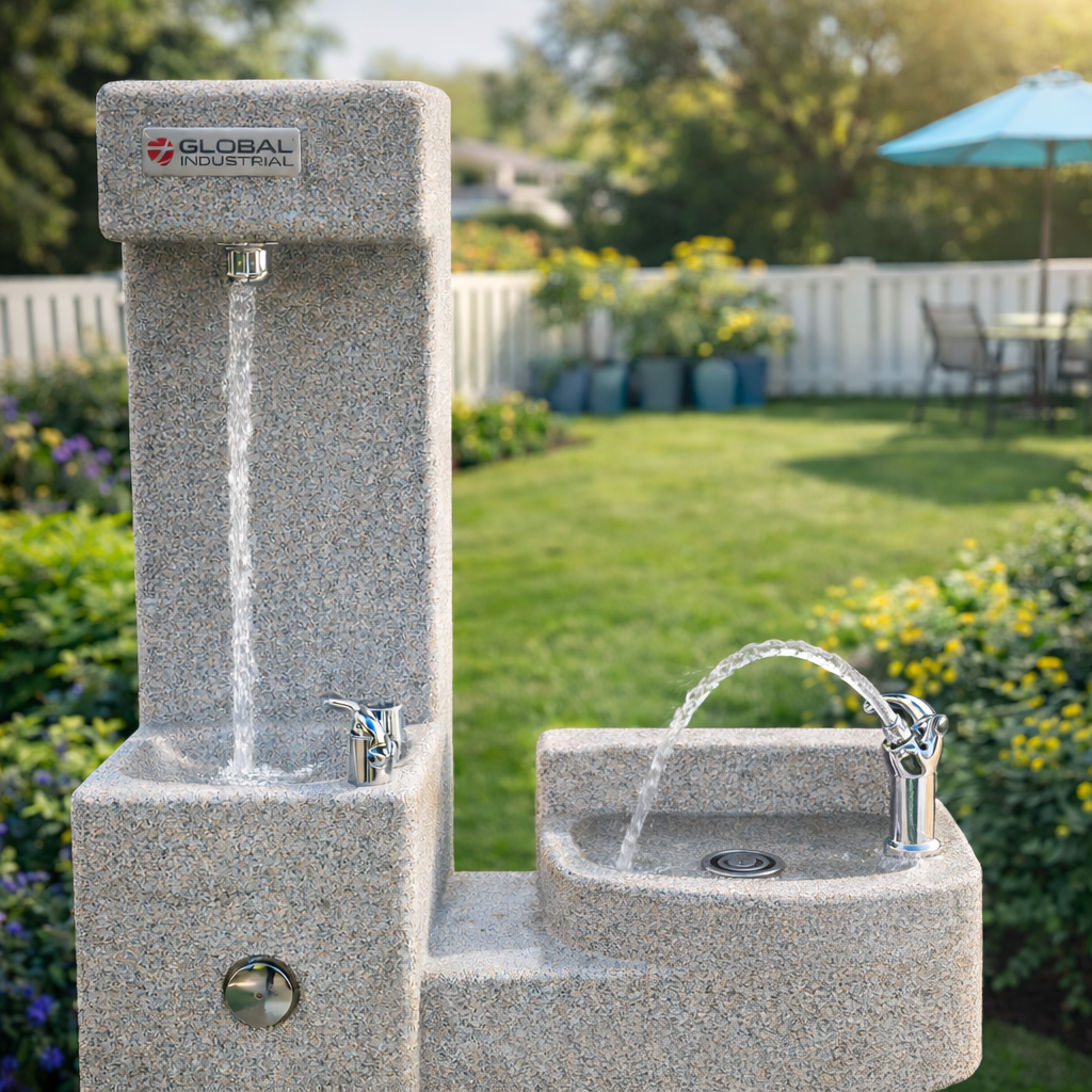 Stone outdoor drinking fountain and pet bowl in a sunny garden lawn