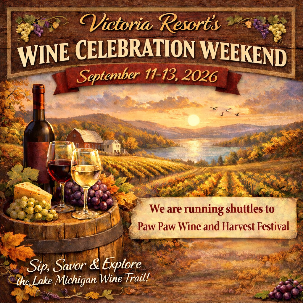 Victoria Resort's Wine Celebration Weekend poster with vineyard sunset, wine glasses, and shuttle info