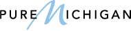 Pure Michigan logo with blue script “M” and black text on a white background